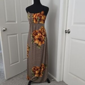 Floral Striped Maxi Dress - Black and Orange